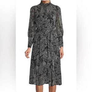 Calvin Klein Black Gray Paisley Belted Long Sleeve Midi Dress Size 10
